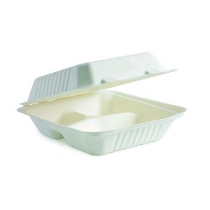 White Plant Fibre 3-Compartment Clamshell 7.8x8x3" (20x22x8cm)