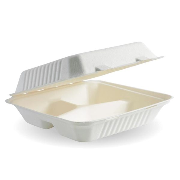 White Plant Fibre 3-Compartment Clamshell 9x9x3" (23x23x8cm)