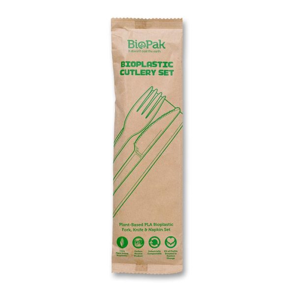 White PLA Knife, Fork & Napkin Set 6.5" (16.5cm)