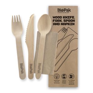 Wooden Cutlery Set (Knife, Fork, Spoon & Napkin) 16cm