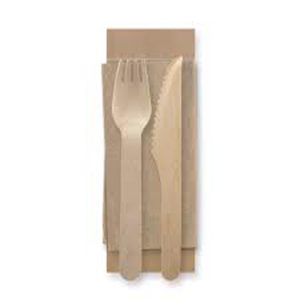 Wooden Coated Knife, Fork & Napkin Set 16cm