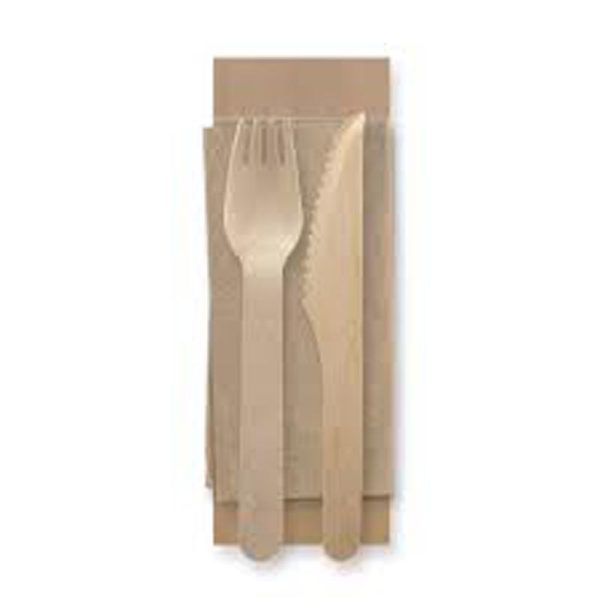 Wooden Coated Knife, Fork & Napkin Set 16cm